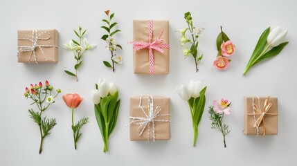 Spring flower arrangement on white backdrop with gift boxes for special occasions Top down view