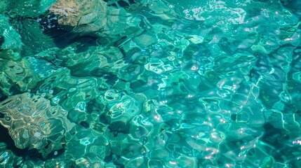 Fototapeta premium Crystal clear turquoise water reflecting sunlight, revealing the beauty of underwater rocks and textures.