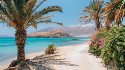 Obraz premium Picturesque beach with palm trees and vibrant flowers, set against a backdrop of clear blue water and distant mountains