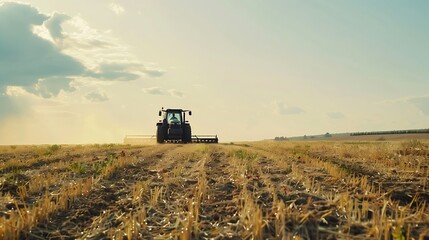 Obraz premium Agriculture machinery in action a tractor plows a field on a bright day : Generative AI