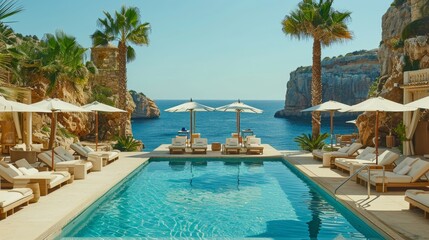 Fototapeta premium Luxurious villa with a large swimming pool and sun loungers, set in a picturesque countryside under a clear blue sky.
