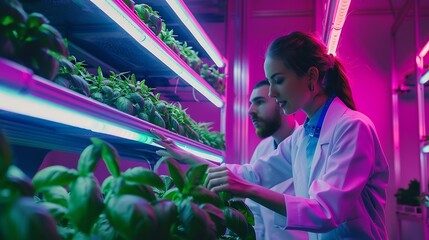 Agricultural Engineer and a Female Scientist Discussing Basil Leaves Quality on Vertical Farm With Neon Led Lights Gardening Expert Providing Technical Advice for Growing Sustainable G : Generative AI