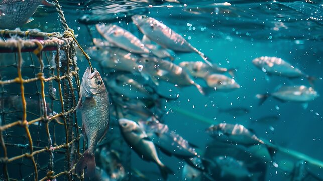 Sea fish farm Cages for fish farming dorado and seabass The workers feed the fish a forage : Generative AI