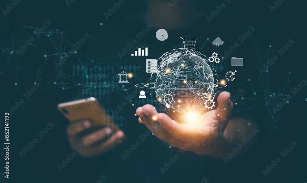 Poster Digital link tech, Business global internet connection application technology and digital marketing, Businessman using application on smartphone for network connect, big data, Internet of Things.