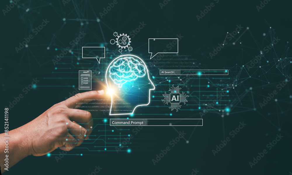 Poster futuristic technology transformation. businessman pointing at virtual ai sign for assistance smart b