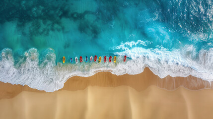 Obraz premium Aerial view of turquoise ocean waves crashing on a sandy beach, capturing the dynamic beauty of the coastline.