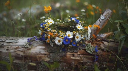 Experience a stunning flower wreath adorned with daisies and cornflowers resting gracefully on a log celebrating the Solstice festival known as Ligo in Latvia