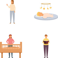 Collection of four vector illustrations depicting various parenting moments and baby care activities