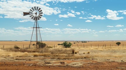 Outback Queensland Australia drought dry windmill cattle livestock barren harsh hot summer landscape : Generative AI