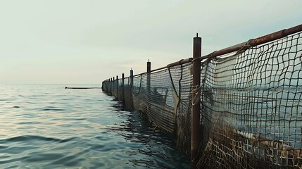 A local seafood farm in the ocean A net fence for mollusk farming near the shore : Generative AI