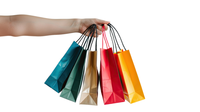 Hand holding shopping bags on transparent background - Powered by Adobe