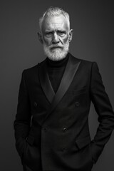 Obraz premium Elderly man modeling a sleek, monochrome outfit, with a sharp haircut to match the contemporary studio setting