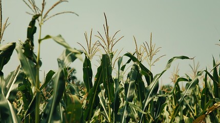 Low angle view of green corn stalks growing in an agricultural farm field with a clear sky : Generative AI