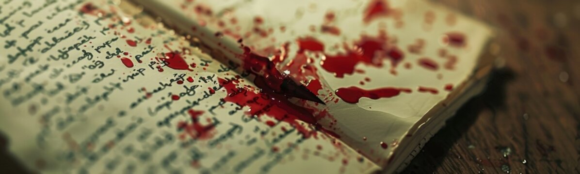 Blood splattered on a book with a pen on a table, a cryptic message written in blood
