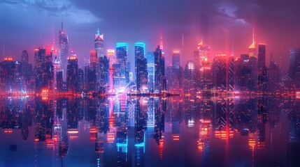 Cyberpunk City Skyline with Neon Lights and Reflections