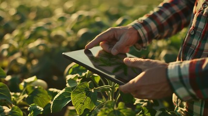 Farmer or agronomist uses digital tablet to analyse and check the growth and disease of the blooming plants in the potato field Smart farming technology and agriculture business concep : Generative AI
