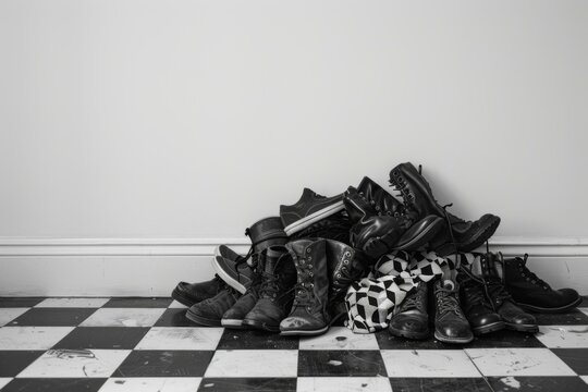 A pile of shoes on a checkered floor with black and white walls. AI.