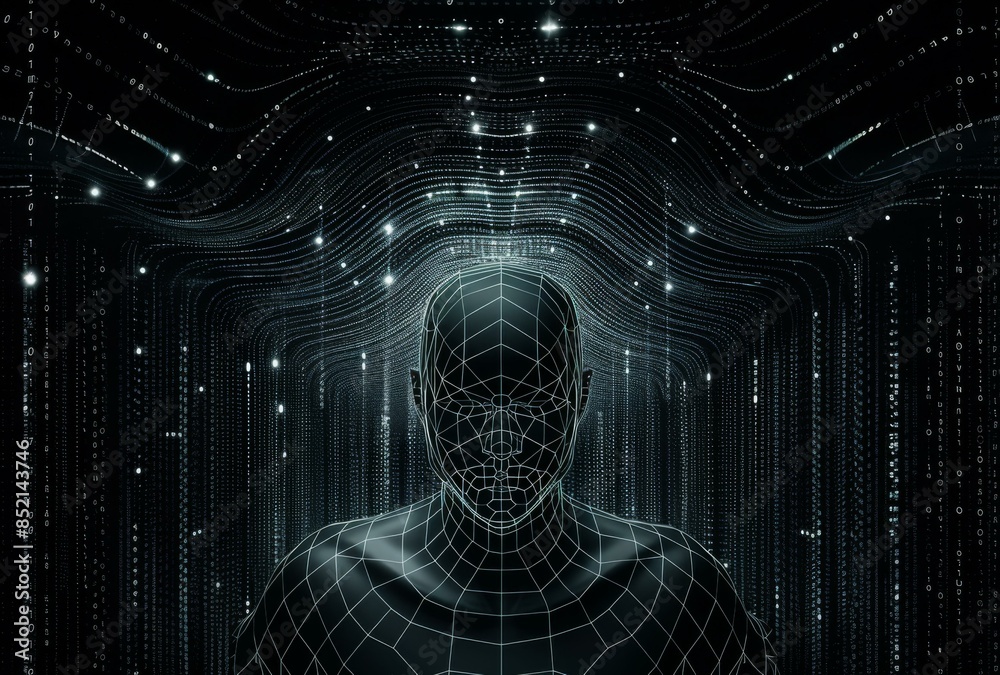 Wall mural a man with a futuristic face in the middle of an abstract network. ai.