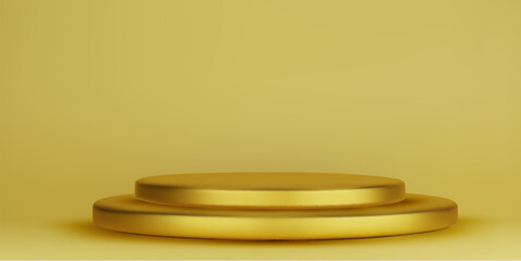 Gold podium mockup. Studio showroom pedestal, fashion showcase mock up scene or exhibition gallery display 3d vector podiums.