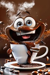 Perky coffee buddy: 3d cute cartoon happy coffee bean character with steam - adding charm to your day with a lovable animated coffee bean, exuding happiness and warmth from a full cup of joe.