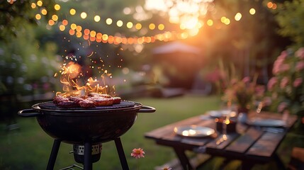 relaxing summer evening in a backyard garden with a grill BBQ, wooden table decorated with flowers, blurred background