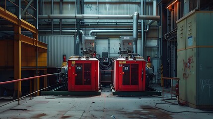 generator room with two diesel generators on standby in a factory for power backup