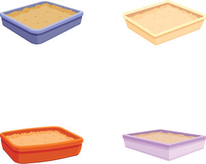 Vibrant and colorful assortment of litter boxes for pet supplies. Featuring a variety of different colors such as purple. Blue. Orange. And beige. Perfect for cat hygiene and care