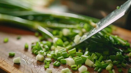 Cutting fresh green onions with a knife