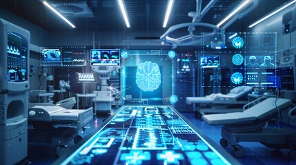 Obraz premium Futuristic Operating Room with Holographic Brain Scan
