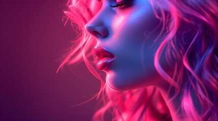 portrait of a beautiful lady with dynamic hairstyle in magenta color tones