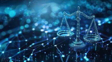 Digital scales of justice symbol with futuristic tech theme cyber law concept. Concept Digital Scales of Justice, Futuristic Tech, Cyber Law Concept