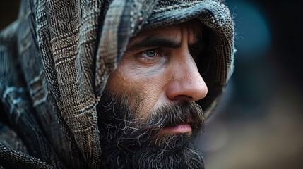 A close-up portrait of a man with a thick beard wearing a hooded garment, with a serious expression on his face