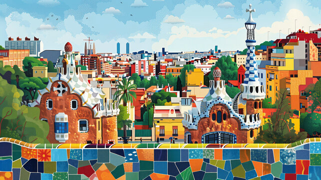 vector illustration of Park guell in Barcelona with a cityscape in the background, colorful mosaic tiles, cubism, isolated on a white background