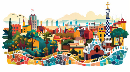 vector illustration of Park guell in Barcelona with a cityscape in the background, colorful mosaic tiles, cubism, isolated on a white background