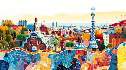 vector illustration of Park guell in Barcelona with a cityscape in the background, colorful mosaic tiles, cubism, isolated on a white background