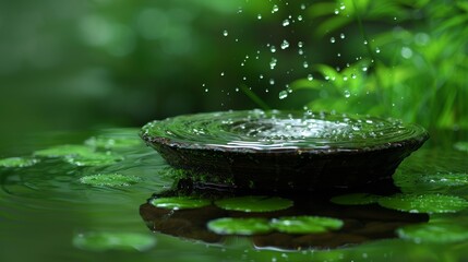 Close-up of water droplets falling into a small pond with green leaves, creating ripples and a calming effect