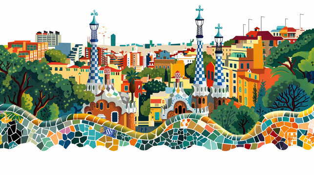 vector illustration of Park guell in Barcelona with a cityscape in the background, colorful mosaic tiles, cubism, isolated on a white background