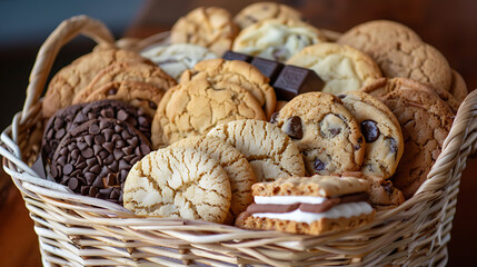 an assortment of cookies in a wicker basket, including chocolate chip cookies, crinkled texture cookies, and sandwich cookies with cream filling