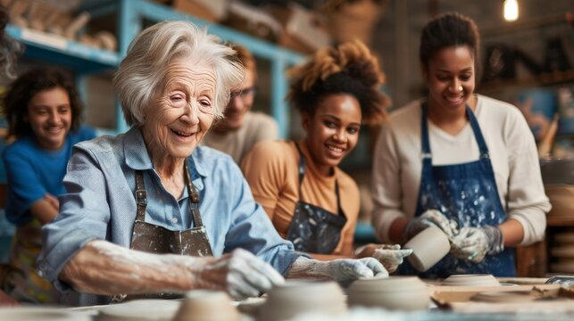 Elderly woman teaching a pottery class to a diverse group of young adults