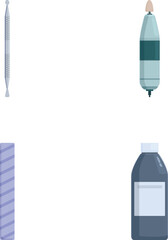 Collection of four vector illustrations showcasing medical supplies including a thermometer and an iv bag