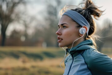 Person using wireless earbuds to listen to a podcast or music while jogging outdoors