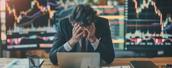 Stressed Businessman Analyzing Bear Market Chart on Laptop Screen in Office Environment