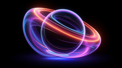Illuminated Neon Sphere with Colorful Rings in Abstract Design