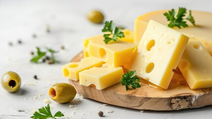 Cheese slices parsley and olives on a serving board against a light background in close up