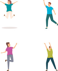 Illustration of four joyful cartoon characters leaping with excitement