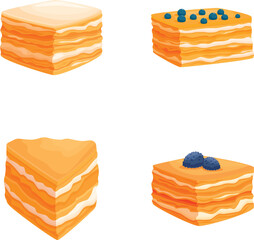 Collection of delicious layered cakes, some topped with fresh berries, isolated on white