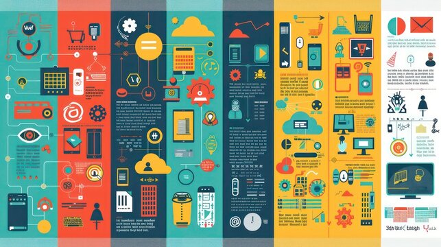 Digital Communication Infographic. A vibrant four-panel infographic banner showcasing a range of digital communication tools and concepts, ideal for professional networking sites