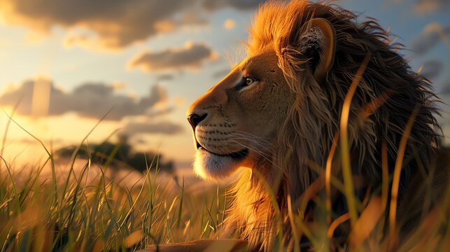 Lion in the wild, looking out over the savanna.