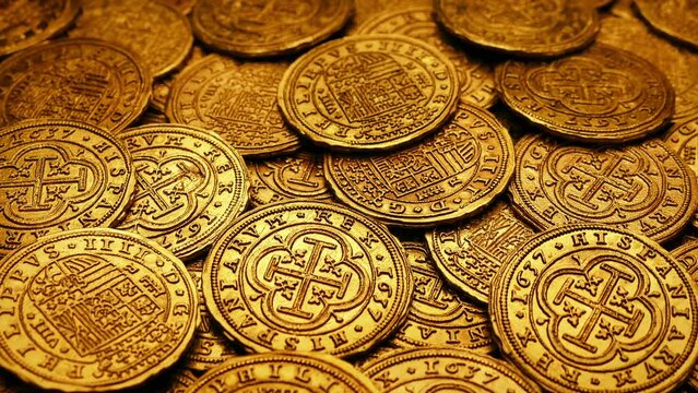 Gold Medieval Coins Pile Moving Shot

