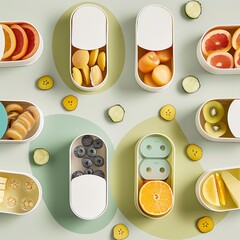 Various fruits and vegetables are arranged in a colorful and visually appealing way